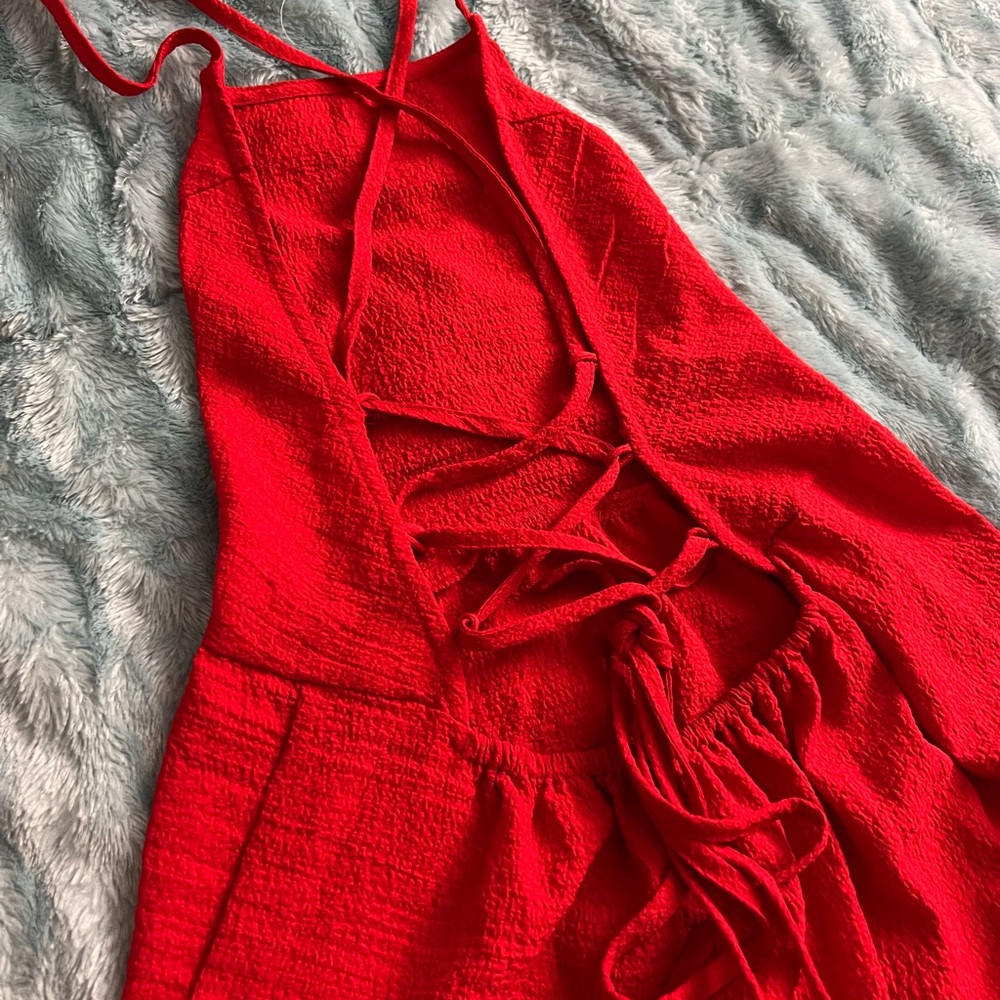 Red Lace Up Backless Ruffle Hem Dress - Picture 5 of 5